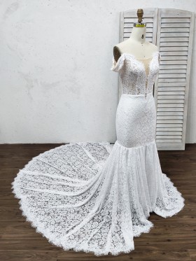 off the shoulder plunging neckline mermaid lace wedding gown