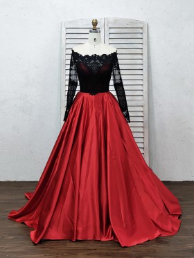 designer lack lace and red satin off shoulder ball gown designer lack lace and red satin off shoulder ball gown