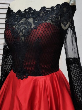 illusion black lace off the shoulder neckline with long sleeves