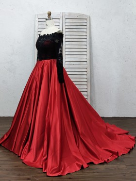 off the shoulder black lace and red satin designer ball gown