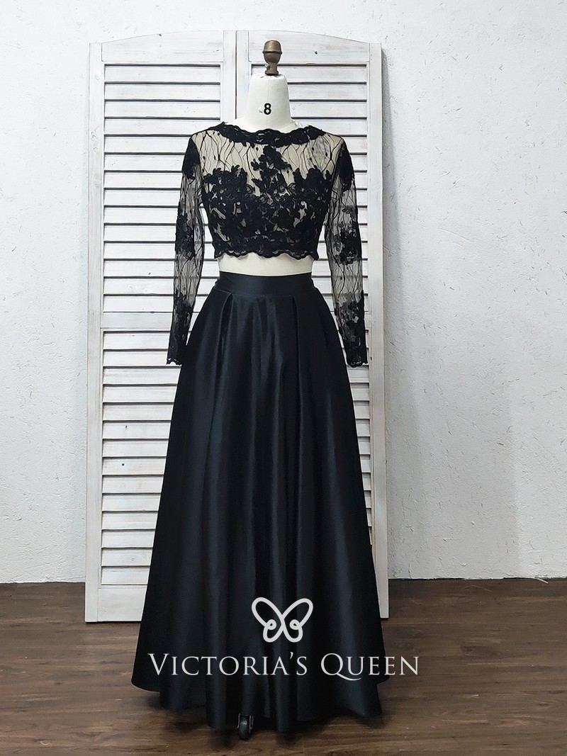 illusion black lace and satin two piece formal dress
