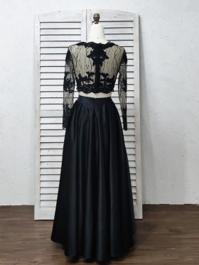 long sleeve illusion back black lace and satin formal gown