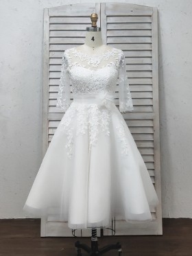 illusion lace half sleeve short satin and tulle wedding dress