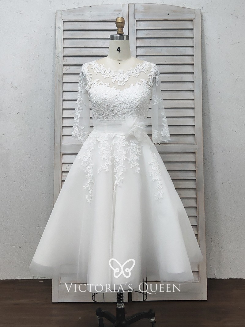 illusion lace half sleeve short satin and tulle wedding dress