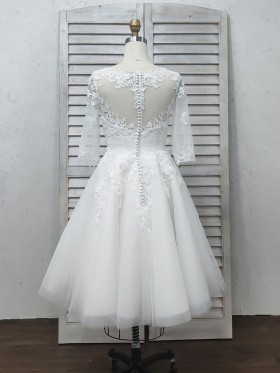 short lace satin and tulle wedding dress with illusion button back