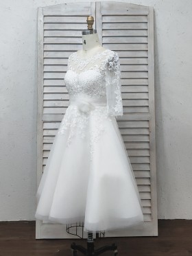 vintage inspired short lace satin and tulle wedding dress