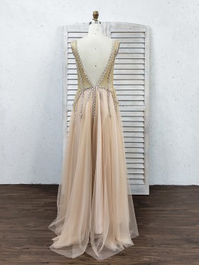 low back beaded champagne prom dress