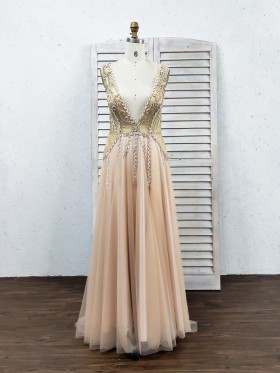 sparkly beaded champagne satin and tulle long prom dress