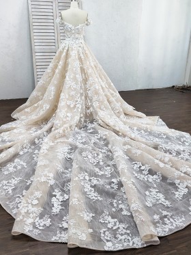 luxury long train with floral lace appliques luxury long train with floral lace appliques