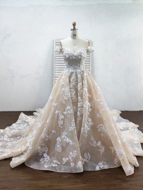 pearled floral lace applique tulle long train bridal gown