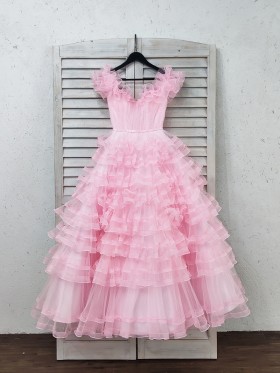 ruffled tiered princess pink tulle long formal gown ruffled tiered princess pink tulle long formal gown