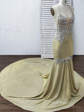 beaded champagne gold glitter mermaid long train prom dress beaded champagne gold glitter mermaid long train prom dress