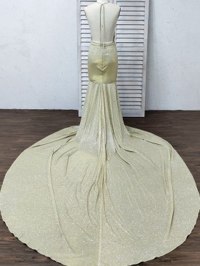 champagne gold glitter long train backless prom dress
