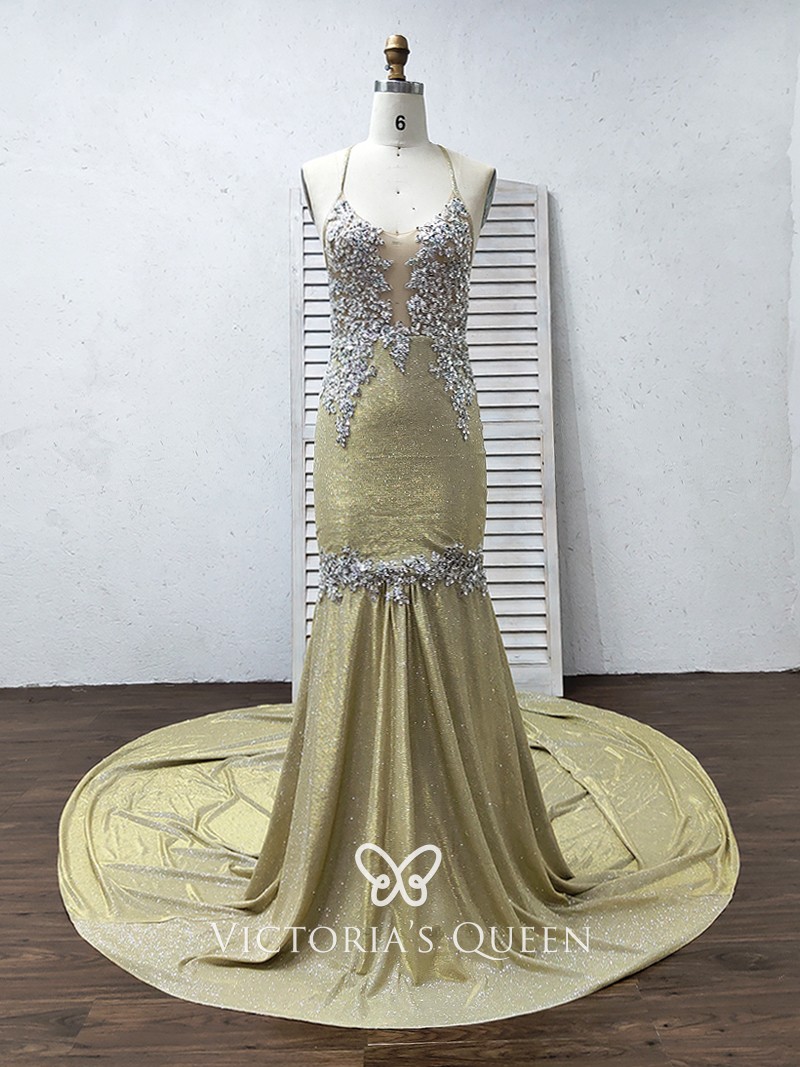 classy beaded illusion plunging bodice champagne gold glitter prom dress