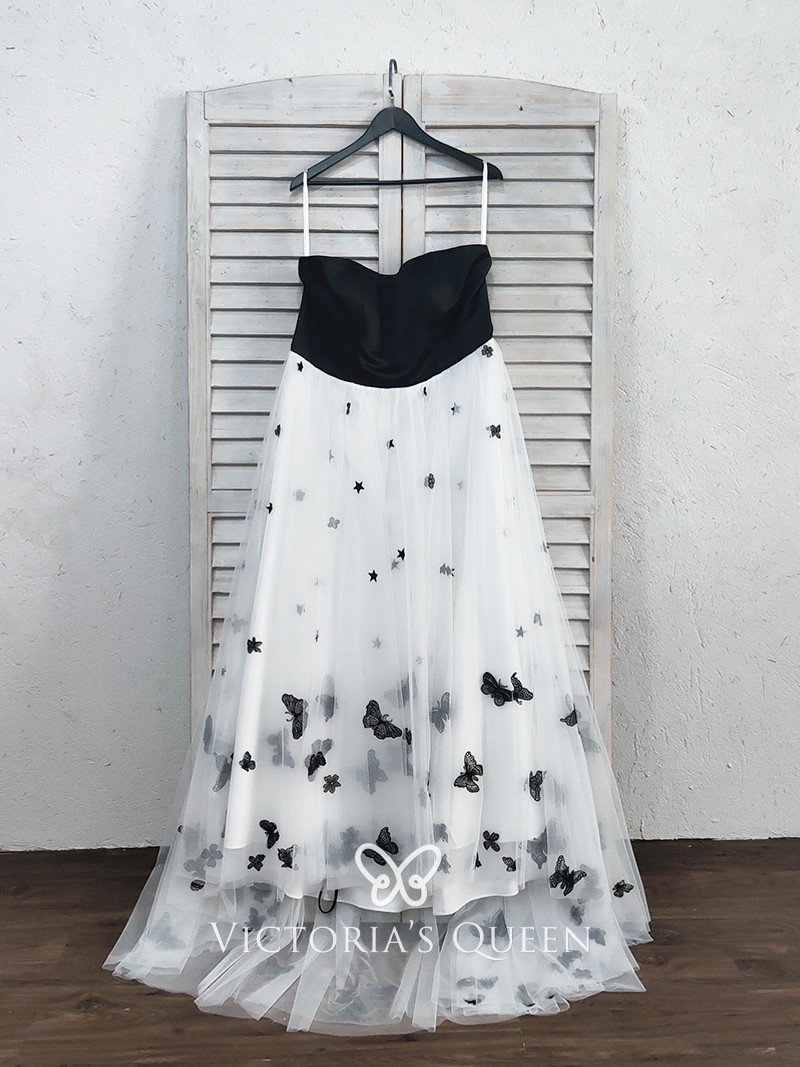 Butterflies embellished satin and tulle long party dress