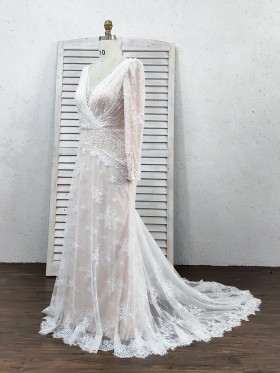 beaded lace long sleeve wedding dress with chapel train
