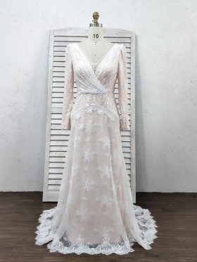 gorgeous beaded lace long sleeve V neckline wedding dress