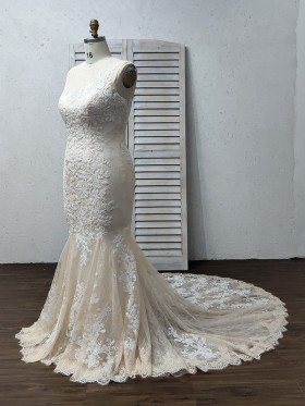 illusion neckline sleeveless champagne mermaid wedding dress with chapel train