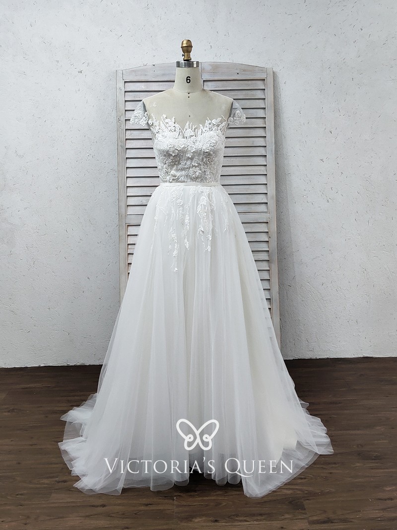 Romantic floral lace and tulle A line wedding dress