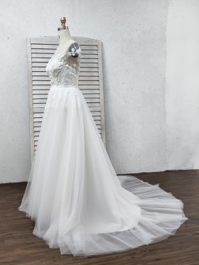 Romantic lace and tulle A line long wedding dress