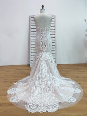 nude lining and ivory lace overlay wedding dress with chapel train