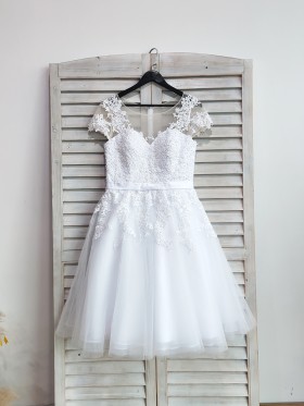 pearls white lace and tulle cap sleeve short bridal dress