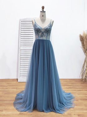 dusty blue illusion lace and tulle evening formal dress