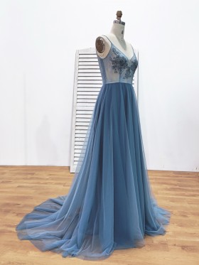 illusion dusty blue lace top with tulle A line skirt evening dress illusion dusty blue lace top with tulle A line skirt evening dress
