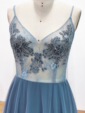 illusion see through lace bodice with V neckline and spaghetti straps illusion see through lace bodice with V neckline and spaghetti straps