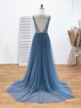 low V back dusty blue lace and tulle A line long evening formal dress