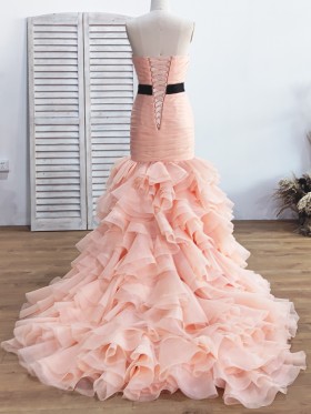 lace up back blush organza chapel train wedding dress