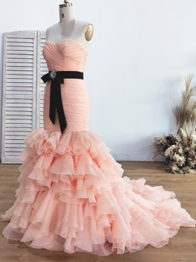 strapless sweetheart ruched blush organza wedding dress with ruffled chapel train