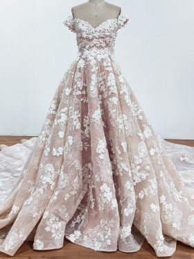 luxury blush tulle wedding dress with pearls embellished lace appliques