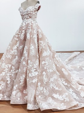 pearl beaded white floral lace appliqued blush wedding gown