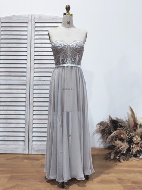 sheer see through chiffon strapless sweetheart party gown