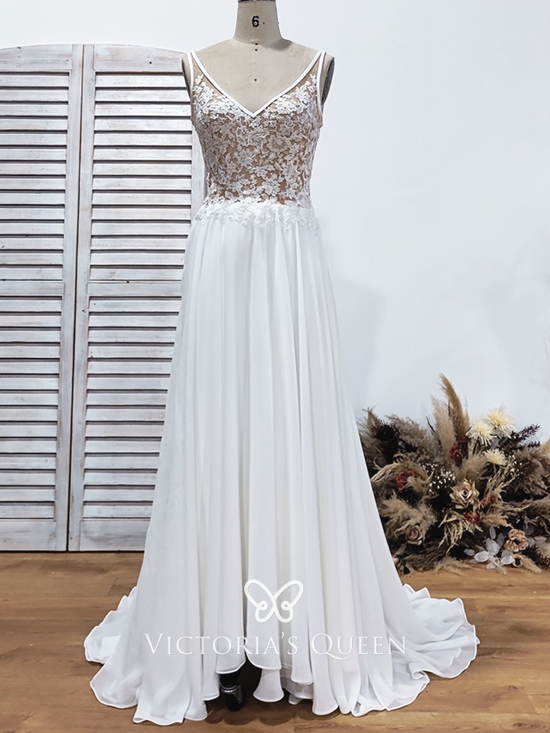 nude lining with white lace and chiffon long bridal dress