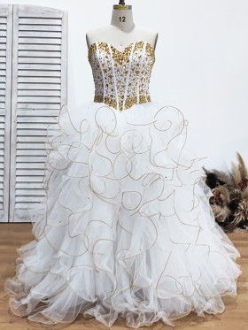 gold crystals beaded gold ruffled trim bridal ball gown
