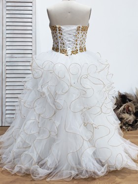 ruffled gold trim white tulle lace up beaded bridal ball gown ruffled gold trim white tulle lace up beaded bridal ball gown