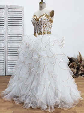 ruffled gold trim white tulle wedding gown ruffled gold trim white tulle wedding gown