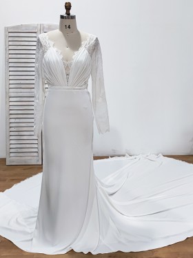 scalloped lace neck white spandex long train bridal gown scalloped lace neck white spandex long train bridal gown