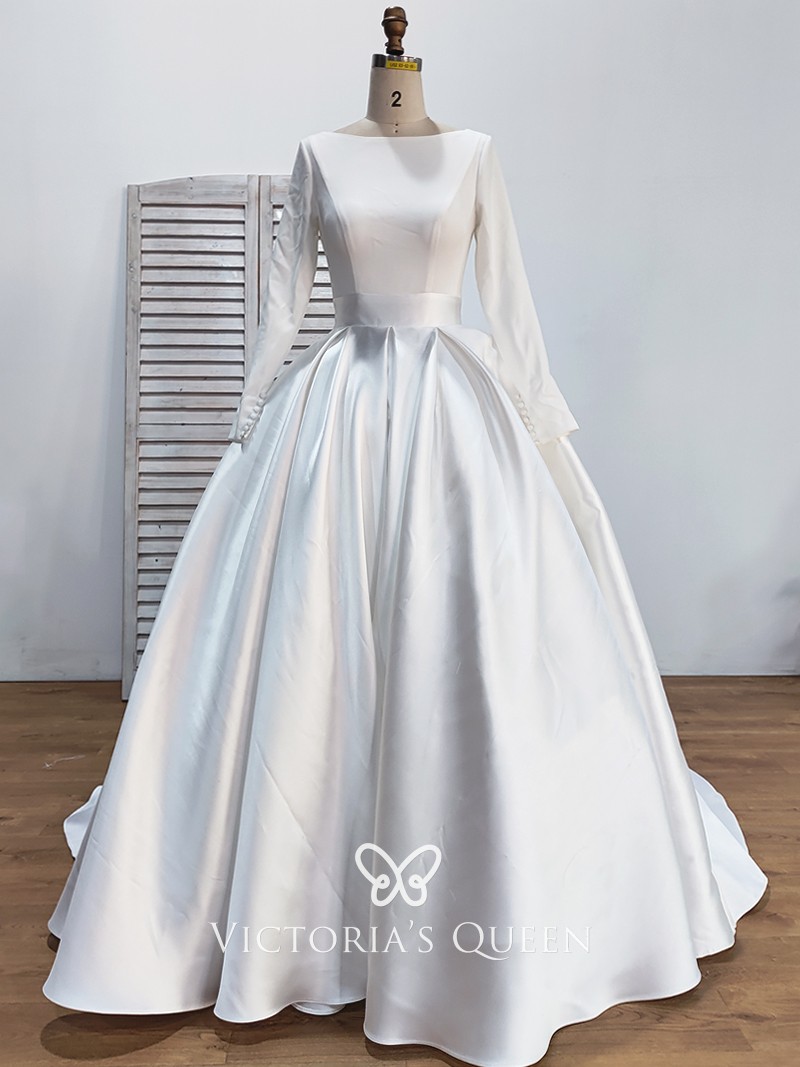 ivory jersey and satin wedding ball gown with long sleeves