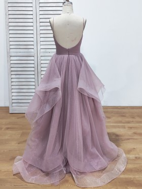 low back vintage mauve glitter tille long prom gown