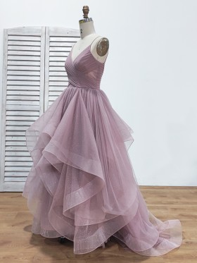 ruffled vintage mauve glitter tulle floor length puffy prom dress ruffled vintage mauve glitter tulle floor length puffy prom dress