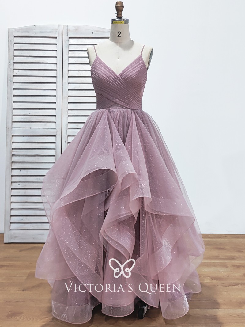 vintage mauve glitter tulle ruffled prom gown
