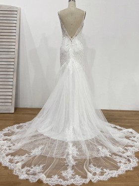 mermaid lace wedding gown with 3 tier train