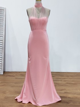 pink satin mermaid dress with sheer tulle halter strap