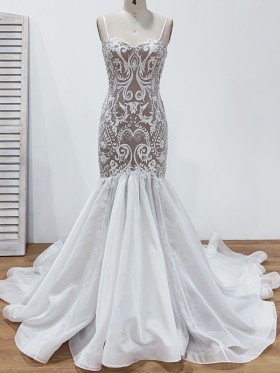 white lace and chiffon organza with nude inner wedding dress