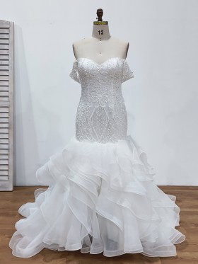 beaded lace ruffled organza mermaid winter wedding gown