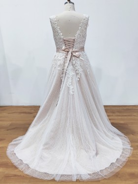lace up back nude inner with ivory lace overlay wedding dress lace up back nude inner with ivory lace overlay wedding dress