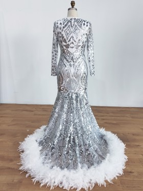 silver sequin and white ostrich feather trim prom dress